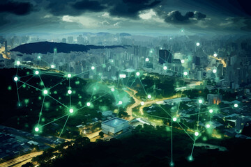 Fototapeta na wymiar Smart digital city with connection network reciprocity over the cityscape . 