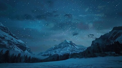 A beautiful snowy mountain landscape under a starry night sky. Perfect for nature and winter themed...