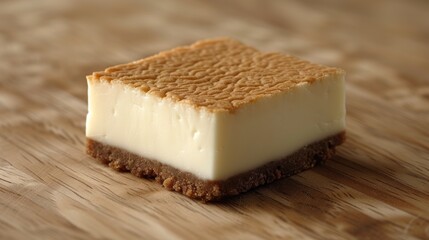 a piece of cheesecake sitting on top of a wooden table with a bite taken out of the top of it.