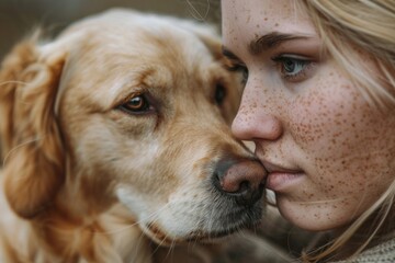 A heartwarming moment captured between a person and their furry friend. Ideal for pet lovers and animal enthusiasts - obrazy, fototapety, plakaty