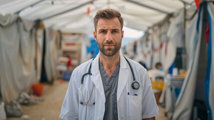 Young man nurse volunteer in refugee camp, providing critical healthcare and support amidst a humanitarian tragedy. Generative ai