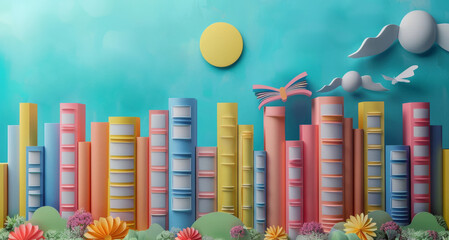 Paper cut, Paper craft card of World Book Day design, lots of books, bright colors.  Literacy, education, knowledge concept. Generative ai