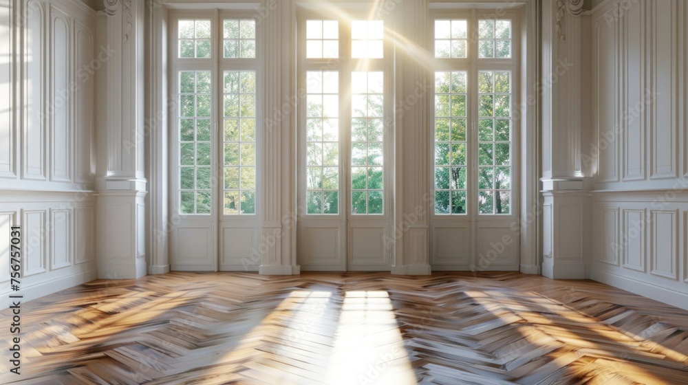 Poster an empty room with large windows, perfect for interior design projects