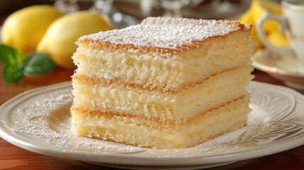 a close up of a piece of cake on a plate with lemons and a cup of tea in the background.