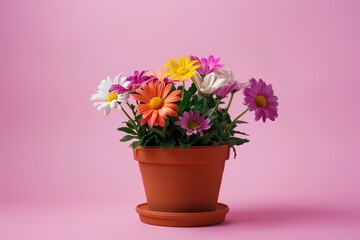 Fresh spring flowers in pot on pink background