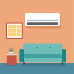Living room with sofa and air conditioner. Flat style vector illustration.