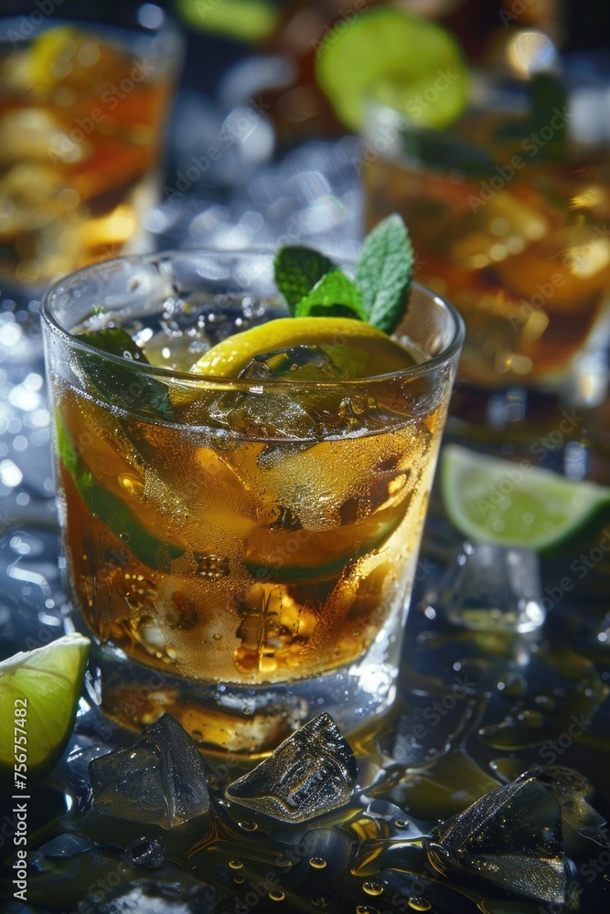 Poster Close up of a drink in a glass on a table. Suitable for various beverage-related concepts