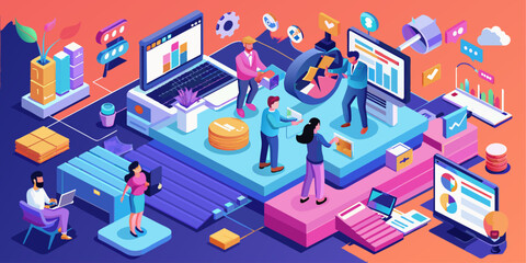 Teamwork isometric composition with business people working together on laptop and tablet vector illustration