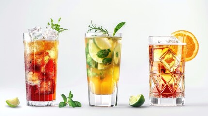 Three different types of cocktails with fresh citrus fruits and mint leaves. Perfect for summer parties or bar menus