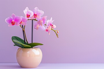 Orchid flowers in pot on purple background