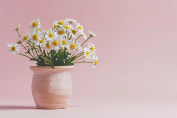 Fresh daisy flowers in pot on pink background