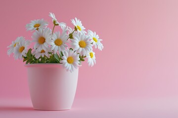Fresh daisy flowers in pot on pink background