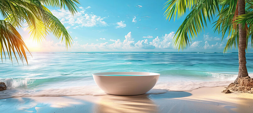 white bathtub on the tropical beach background, concept summer holiday and travel 