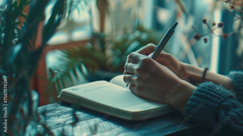 Poster person writing in a notebook with a pen. suitable for educational or creative concepts