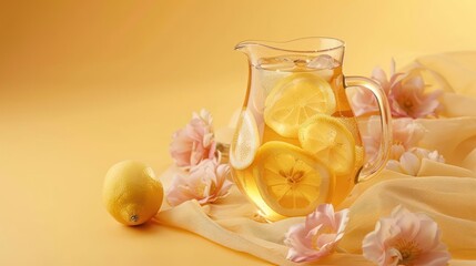 a pitcher of lemonade next to a bunch of lemons on a yellow cloth with pink flowers on a yellow background.