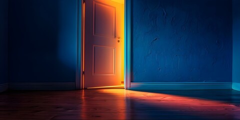 A Brightly Illuminated Room as a Shadowy Door Swings Open. Concept Indoor Setting, Illumination, Shadowy Entrance, Mysterious Effect, Visual Contrast
