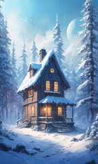 A picturesque scene unfolds as a cozy cabin with illuminated windows nestles in a tranquil, snow-covered forest, under a twilight sky.