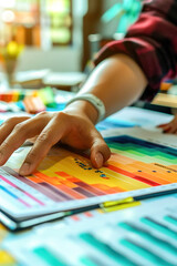 Obraz premium A person sorting through a stack of colorful charts and graphs, process of distilling complex data into understandable visual representations.