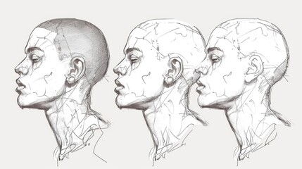 Drawing of a man's head from three different perspectives. Ideal for educational materials