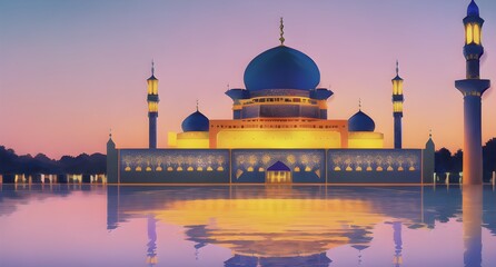 Mosque with sunset for ramadan kareem, mawlid, isra miraj, eid al fitr adha, muharram islam festival background.