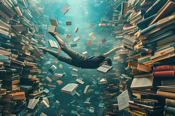 A person diving into a sea of books, representing the depth of knowledge required to grasp complex academic concepts. - obrazy, fototapety, plakaty