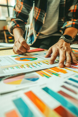 Fototapeta premium A person sorting through a stack of colorful charts and graphs, process of distilling complex data into understandable visual representations.