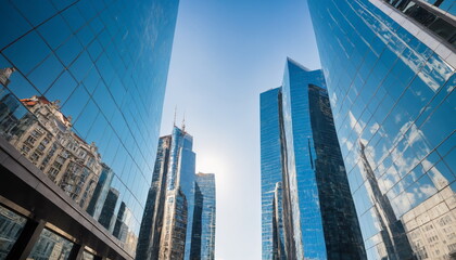 High-rise buildings tower towards a clear blue sky with sunlight reflecting off their glass facades.