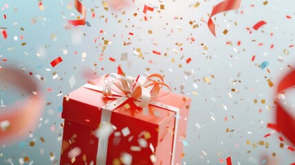 Obraz premium A red gift box surrounded by confetti. Ideal for celebrations and special occasions