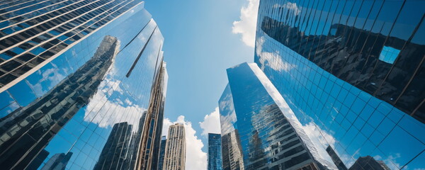 Fototapeta na wymiar High-rise buildings tower towards a clear blue sky with sunlight reflecting off their glass facades.