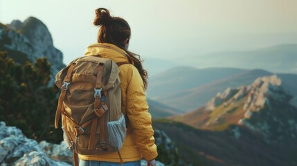 A woman with a backpack standing on a mountain top. Perfect for outdoor and adventure themes