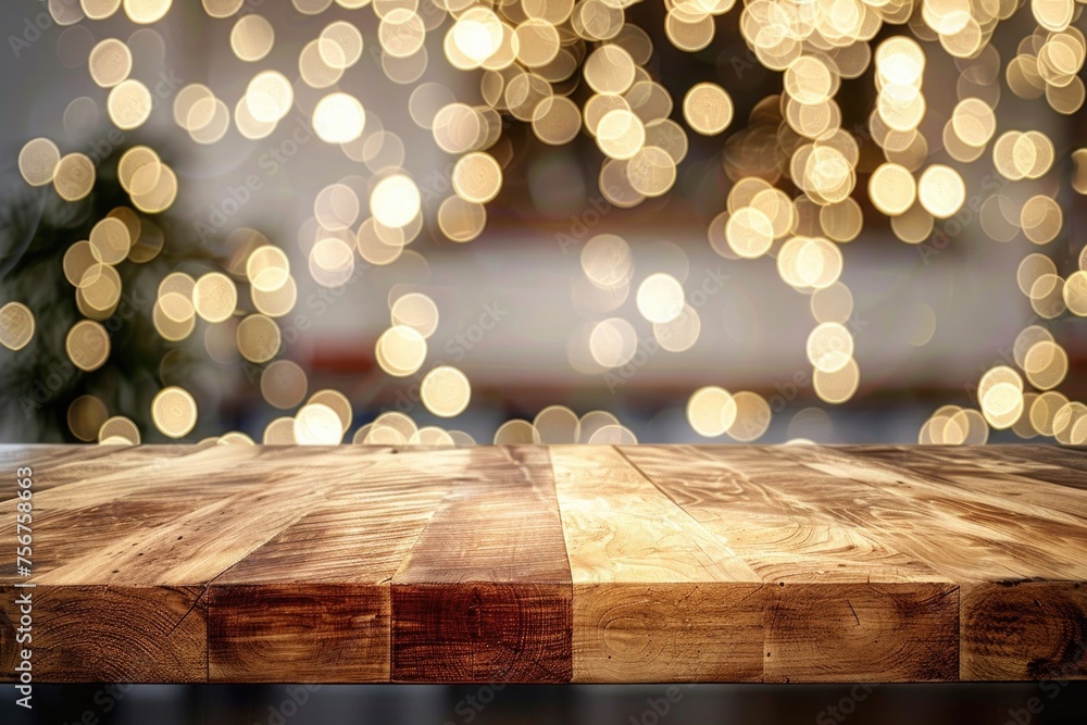 Poster a wooden table with lights in the background. suitable for interior design projects