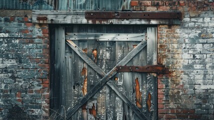 the weathered surfaces of the wooden gate, dried wood, and old brick building to convey the passage of time and evoke a sense of history and nostalgia.