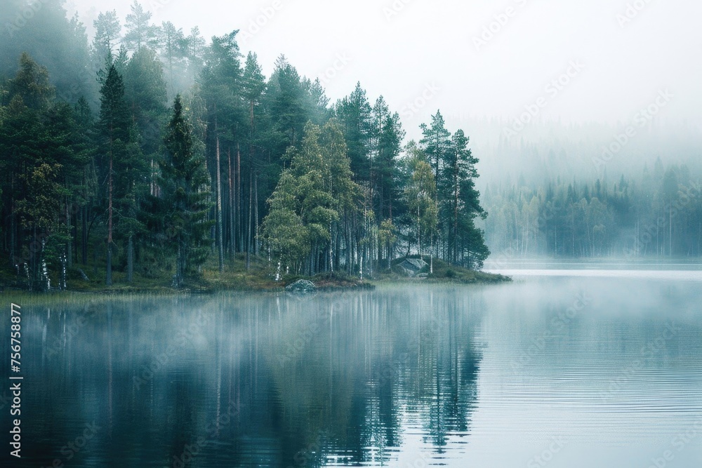 Poster a serene image of a small island in the middle of a lake, perfect for nature backgrounds