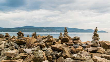 La Malbaie, Canada - August 17 2020: Stunning landscape view with the prayer stones by the saint lawrence river in La Malbaie in Quebec
