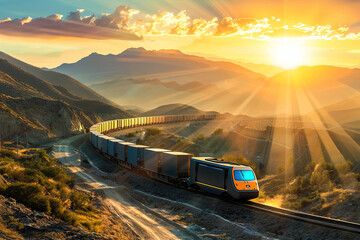 A freight train traverses a remote mountain pass, its cargo containers casting shadows under a golden sunset. - obrazy, fototapety, plakaty