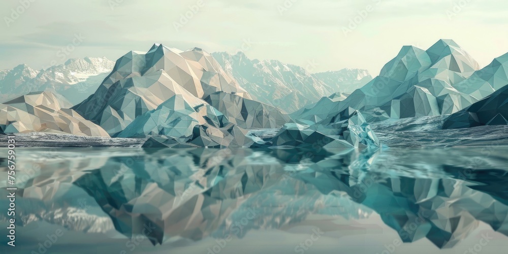Poster a group of icebergs floating on top of a body of water. ideal for nature and climate change concepts