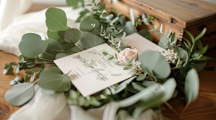 Naklejka na ściany i meble the blank invitation cards amidst lush eucalyptus leaves in a balanced and aesthetically pleasing manner, paying attention to symmetry and spacing
