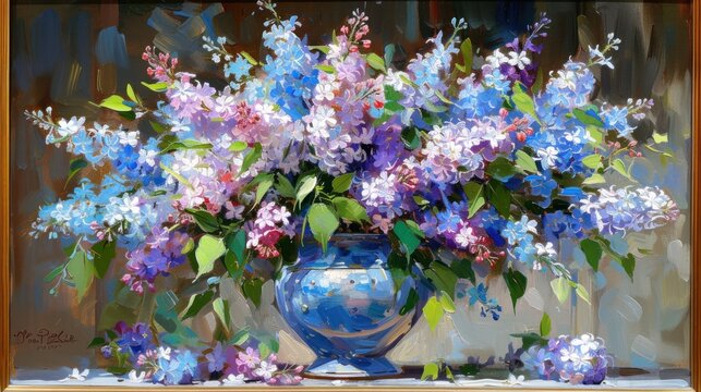a painting of purple and blue flowers in a blue vase on a window sill with a brown wooden frame.