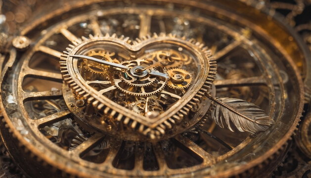 A close-up view of a heart-shaped gear mechanism with a steampunk aesthetic, showcasing detailed metalwork and blue jewels