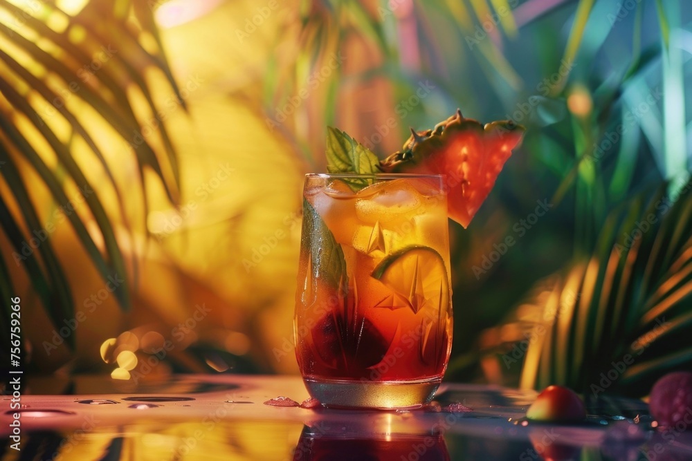 Poster close up of a drink in a glass on a table. suitable for food and beverage concepts