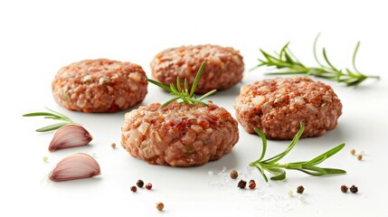 the patties and mince meat thoughtfully on the white background, considering composition and...