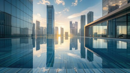 either at sunrise or sunset, to capture warm, soft light that enhances the ambiance of the pool and showcases the cityscape in the background.