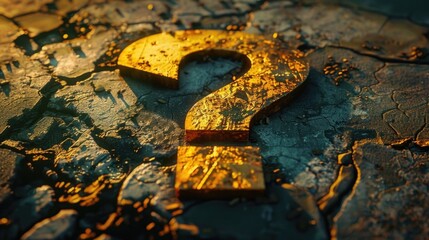 A striking golden question mark on a textured cracked surface, perfect for use in educational materials or business presentations