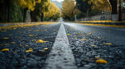 Fototapeta premium A street lined with yellow leaves and trees. Ideal for autumn-themed designs
