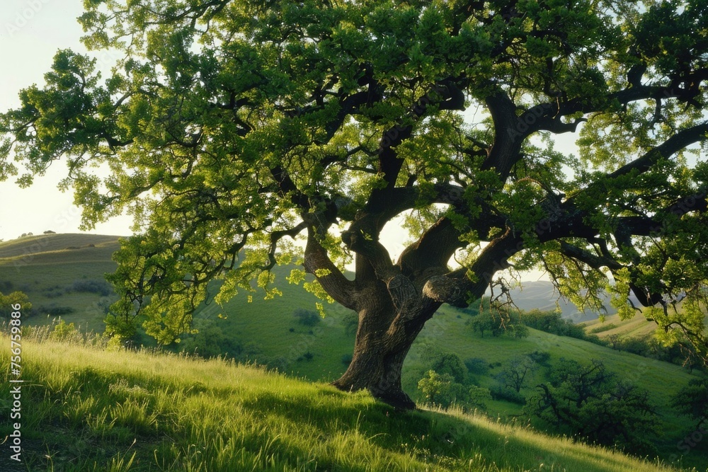 Poster a large tree on a beautiful green hillside. perfect for nature or environmental concepts