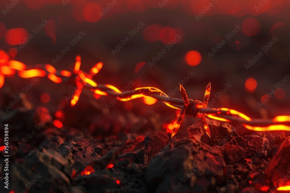Poster close up of barbed wire on a field. perfect for security or danger concepts