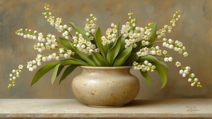 a painting of lily of the valley in a white vase on a marble table with a brown wall in the background.