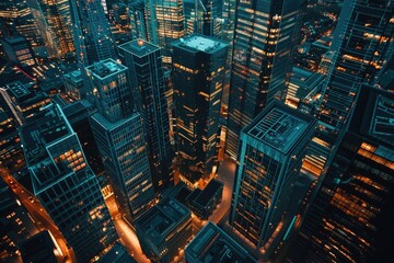 Aerial view of a city illuminated at night. Suitable for urban concepts