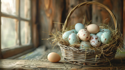 A straw basket with Easter eggs against the background of an old shabby wall.