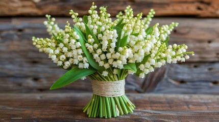 a bouquet of white flowers sitting on top of a wooden table in front of a wooden wall with planks.